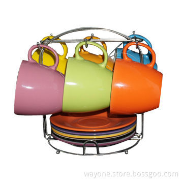 220cc Tea Cup and Saucer Set with Metal Stand, New Bone China with Color Glaze, for Promotion